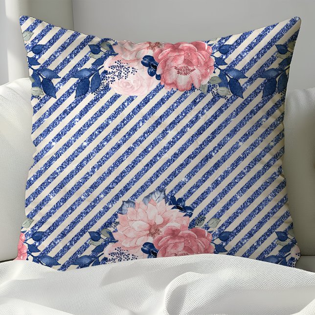 Blush Roze en Navy Glitter Strepen Bloemen Kussen (Creator heeft geüpload)
