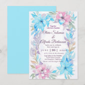 Blush roze en Ocean Blue Waterverf Floral nodigen Kaart (Voorkant / Achterkant)