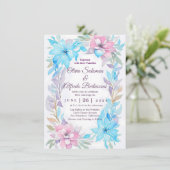Blush roze en Ocean Blue Waterverf Floral nodigen Kaart (Staand voorkant)