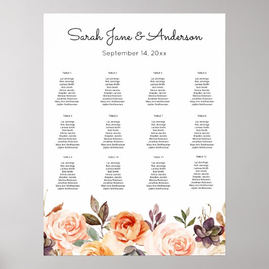 Blush roze en peach Floral Wedding Seating Chart Poster (Voorkant)
