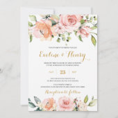 Blush roze en perzik bloemen en gouden boho bruilo kaart (Voorkant)
