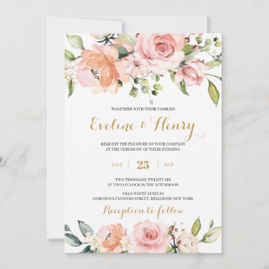 Blush roze en perzik bloemen en gouden boho bruilo kaart (Voorkant)