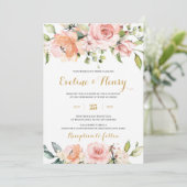 Blush roze en perzik bloemen en gouden boho bruilo kaart (Staand voorkant)