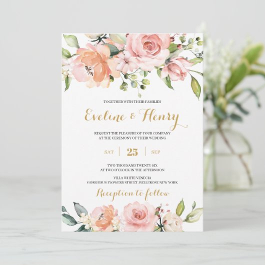 Blush roze en perzik bloemen en gouden boho bruilo kaart (Staand voorkant)