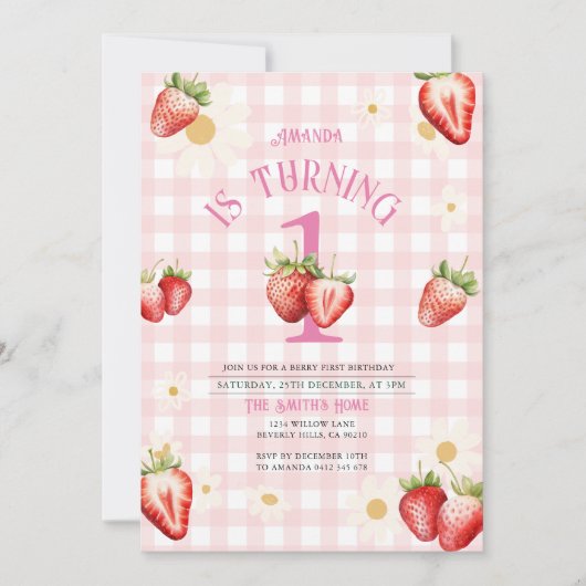 Blush roze en rode aardbeien daisy verjaardag kaart (Voorkant)