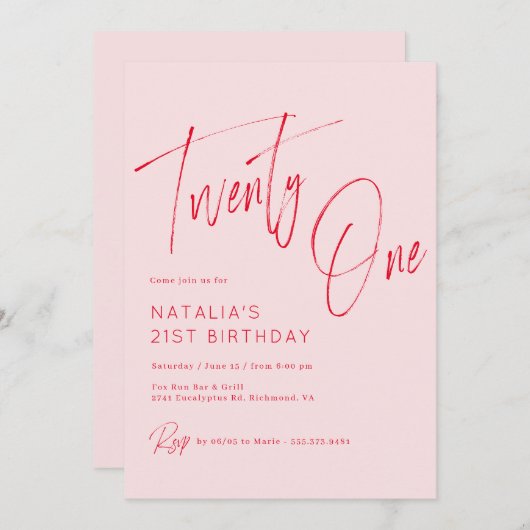Blush Roze en Rood Script | Girly 21ste verjaardag Kaart (Voorkant / Achterkant)