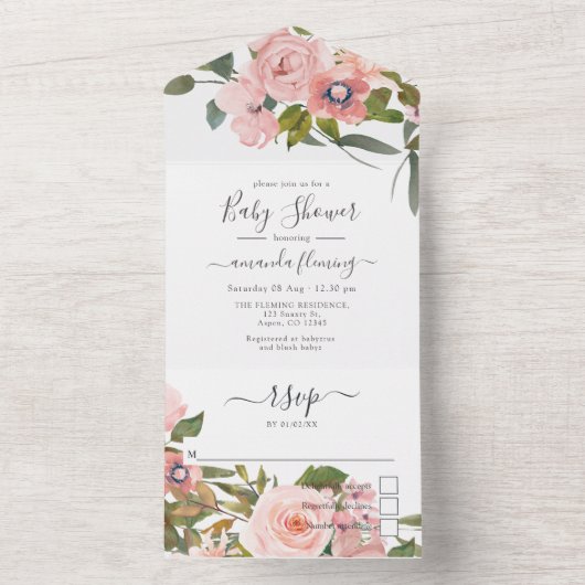 Blush Roze en Roos Gold Floral Baby shower All In One Uitnodiging (Binnen)