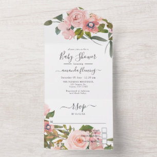 Blush Roze en Roos Gold Floral Baby shower All In One Uitnodiging