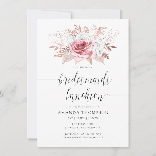 Blush roze en Roos Gold Floral Bridesmaids Luncheo Kaart (Voorkant)
