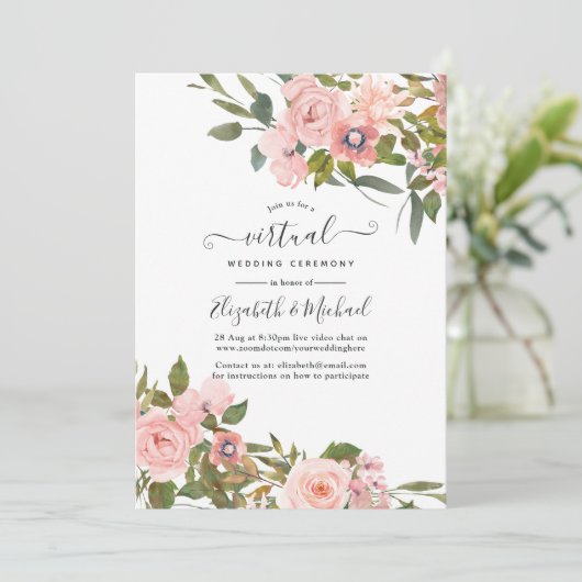 Blush roze en Roos Gold Floral virtuele bruiloft Kaart (Staand voorkant)