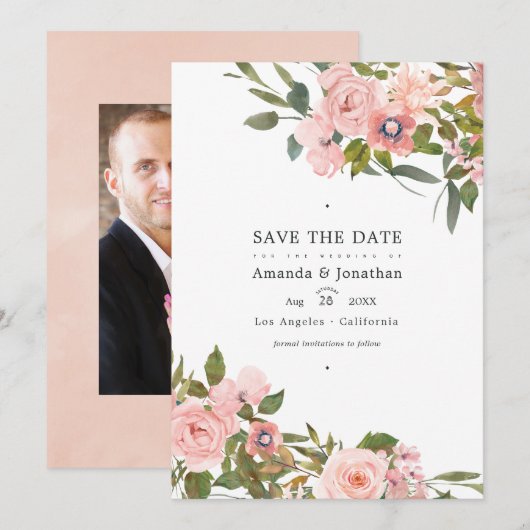 Blush Roze en Roos Gold Floral Weddenfoto Save The Date (Voorkant / Achterkant)