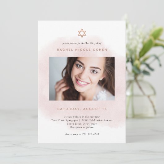 Blush roze en Roos Gold | Foto van Bat Mitzvah Kaart (Staand voorkant)