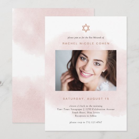 Blush roze en Roos Gold | Foto van Bat Mitzvah Kaart (Voorkant / Achterkant)