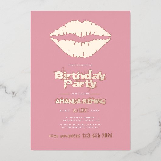 Blush Roze en Roos Gold Lips Birthday Folie Uitnodiging (Voorkant)