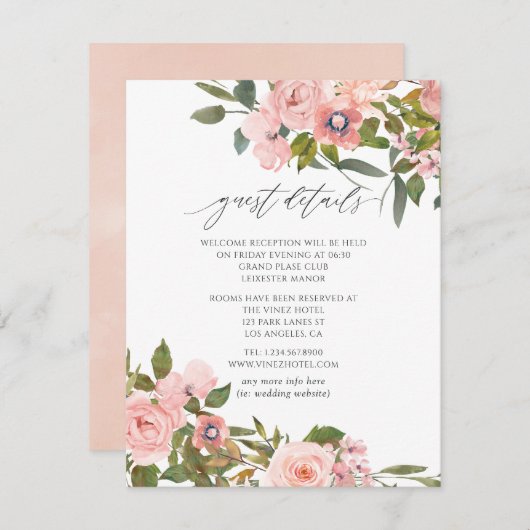 Blush roze en Roos Gold Rozen Weddenschap Details Informatiekaartje (Voorkant / Achterkant)