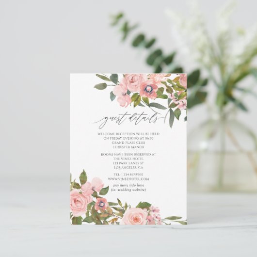 Blush roze en Roos Gold Rozen Weddenschap Details Informatiekaartje (Staand voorkant)