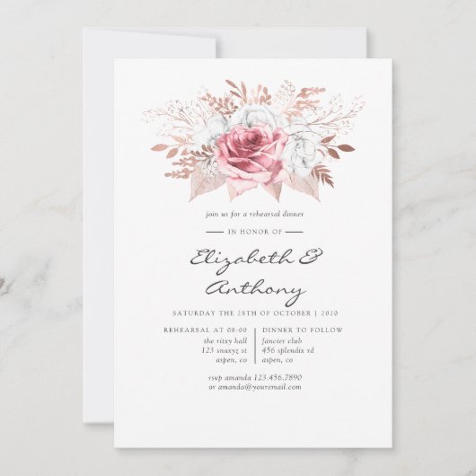 Blush Roze en Roos Goud Bloemen Repetitie Diner Kaart (Voorkant)