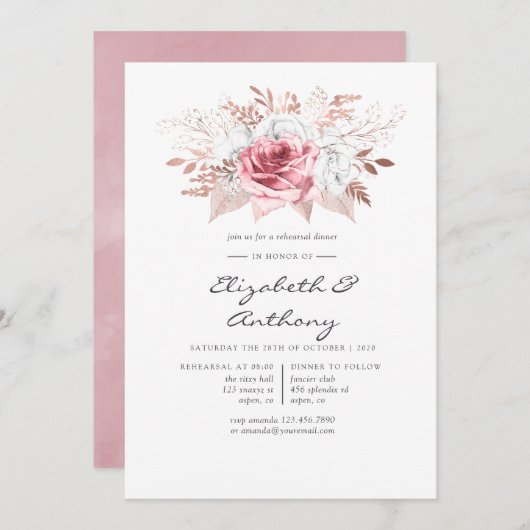 Blush Roze en Roos Goud Bloemen Repetitie Diner Kaart (Voorkant / Achterkant)