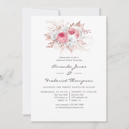 Blush Roze en Roos Goud Bloemen Repetitie Diner Kaart (Voorkant)