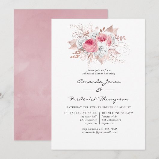 Blush Roze en Roos Goud Bloemen Repetitie Diner Kaart (Voorkant / Achterkant)