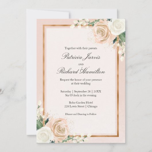 Blush Roze en Roos Gouden Bloemen Edellijke Huweli Kaart (Voorkant)