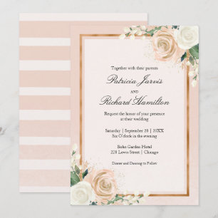 Blush Roze en Roos Gouden Bloemen Edellijke Huweli Kaart