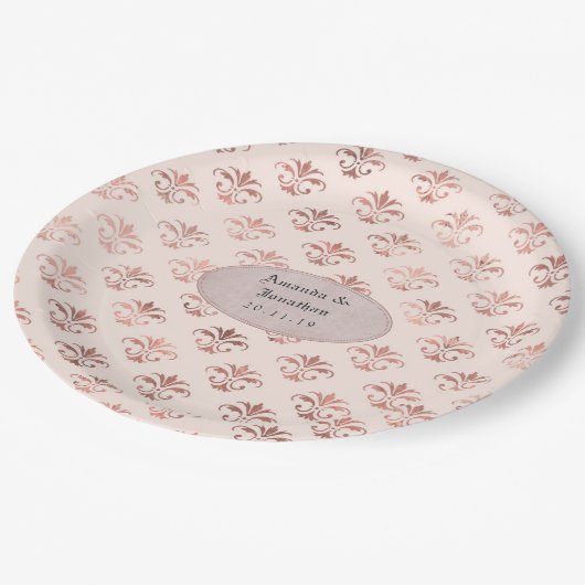 Blush Roze en Roos Gouden Damast Folie Bruiloft Papieren Bordje (Gekanteld)