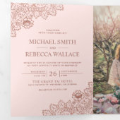 Blush roze en Roos gouden kant trouwfoto Drieluik Uitnodiging (Binnenzijde eerst)