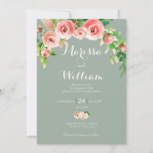 Blush Roze en Sage Elegant Wedding Invitation Kaart (Voorkant)