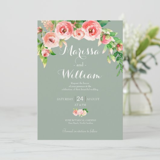 Blush Roze en Sage Elegant Wedding Invitation Kaart (Staand voorkant)