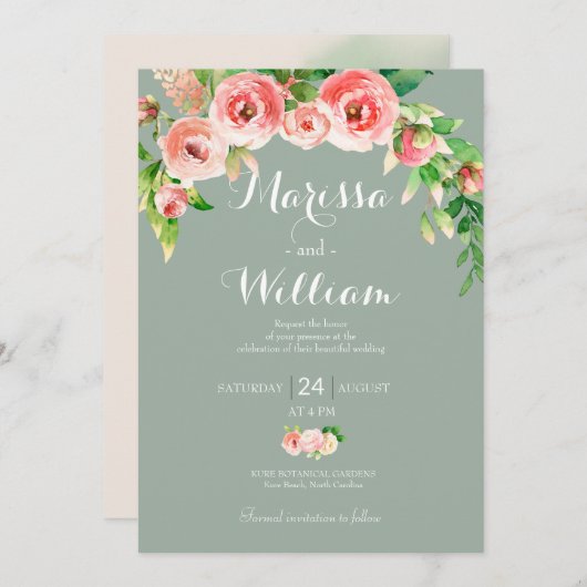 Blush Roze en Sage Elegant Wedding Invitation Kaart (Voorkant / Achterkant)