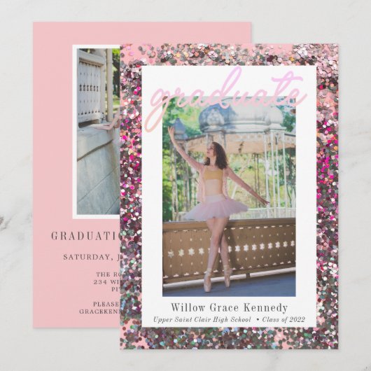 Blush roze en Silver 2 Photo Glam Afstuderen Anno Aankondiging (Voorkant / Achterkant)