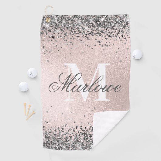 Blush roze en Silver Glitter Monogram Golfhanddoek (Insitu)