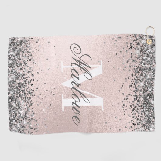 Blush roze en Silver Glitter Monogram Golfhanddoek (Horizontaal)