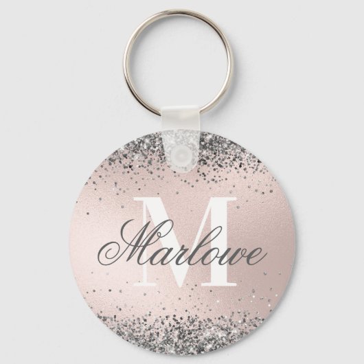 Blush roze en Silver Glitter Monogram Sleutelhange Sleutelhanger (Voorkant)