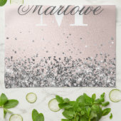 Blush roze en Silver Glitter Monogram Theedoek (Gevouwen)
