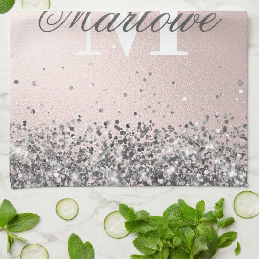 Blush roze en Silver Glitter Monogram Theedoek (Gevouwen)