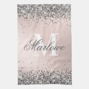 Blush roze en Silver Glitter Monogram Theedoek