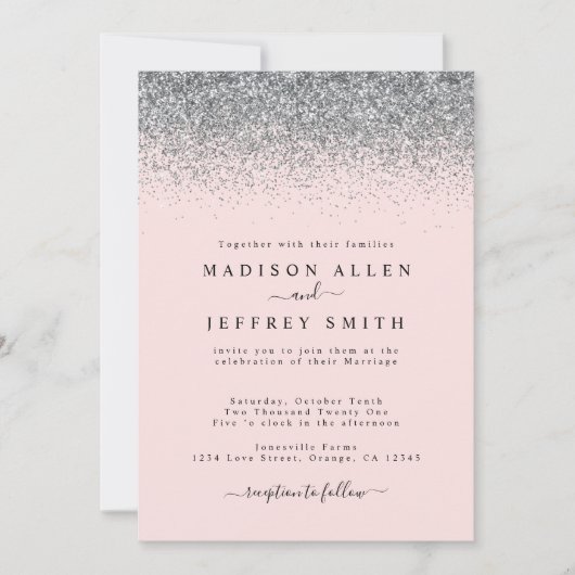 Blush roze en Silver Glitter Wedding Invitation Aankondiging (Voorkant)