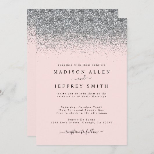 Blush roze en Silver Glitter Wedding Invitation Aankondiging (Voorkant / Achterkant)