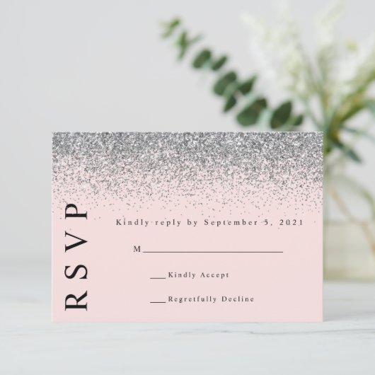 Blush roze en Silver Glitter Wedding RSVP Kaart (Staand voorkant)