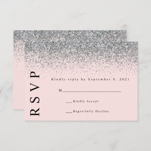 Blush roze en Silver Glitter Wedding RSVP Kaart (Voorkant / Achterkant)