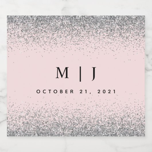 Blush roze en Silver Glitter Wedding Sparkling Wijnetiket (Enkel label)