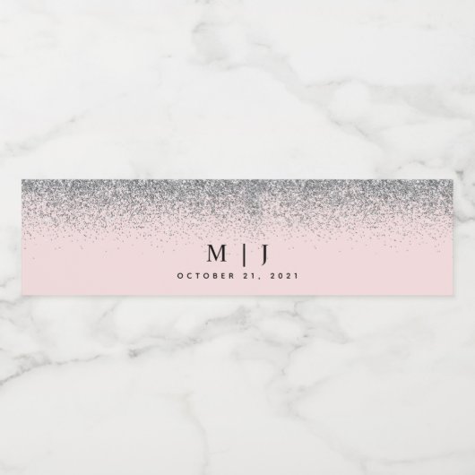 Blush roze en Silver Glitter Wedding Waterfles Etiket (Enkel label)