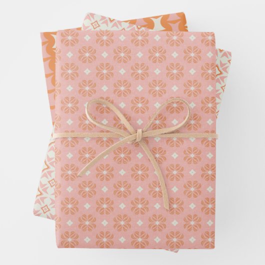 Blush Roze en Sinaasappel Set van Floral Wrapping  Inpakpapier Vel (In situ)