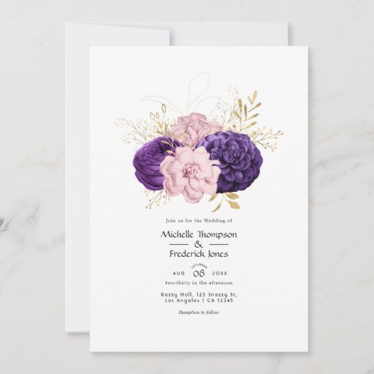 Blush Roze en Violet Bloemen Bruiloft Kaart (Voorkant)