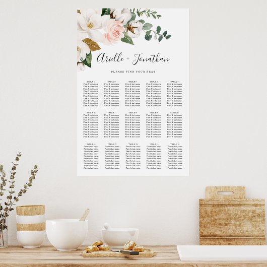 Blush roze en White Floral Wedding Seating Chart Poster (Keuken)