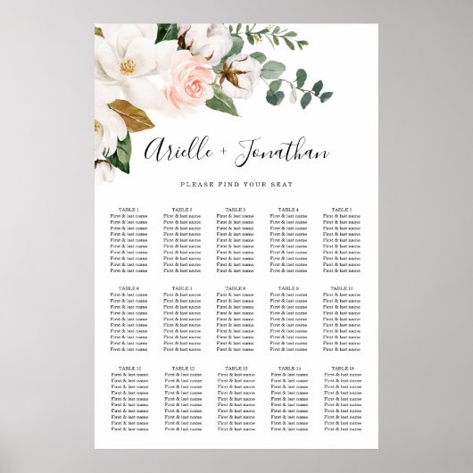 Blush roze en White Floral Wedding Seating Chart Poster (Voorkant)