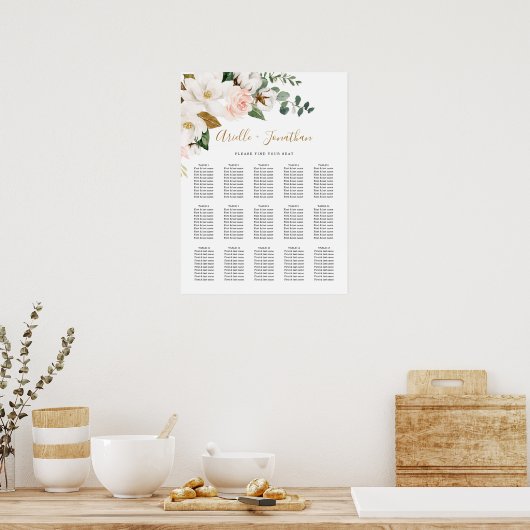 Blush roze en White Floral Wedding Seating Chart Poster (Keuken)