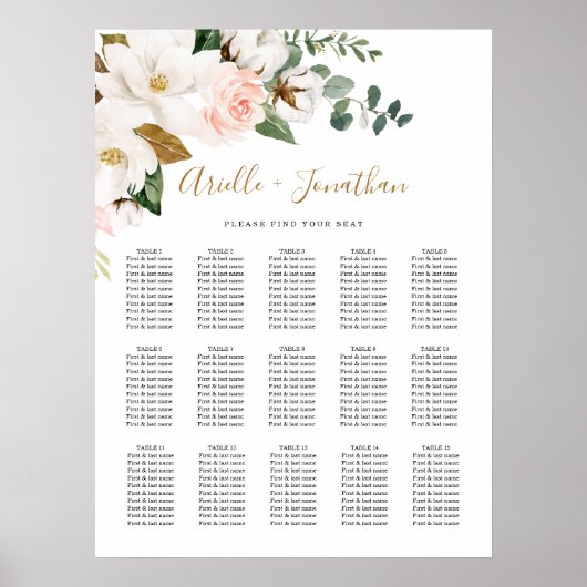 Blush roze en White Floral Wedding Seating Chart Poster (Voorkant)